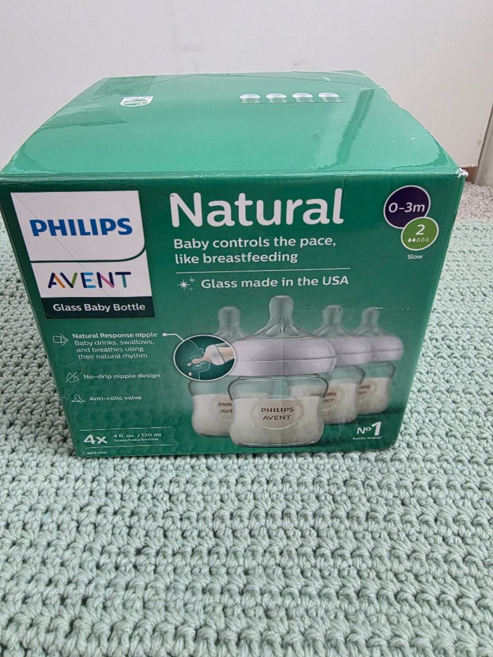 Philips Avent Natural Glass Baby Bottles Flow 2 4oz 4 Pack 0-3M Natural Response